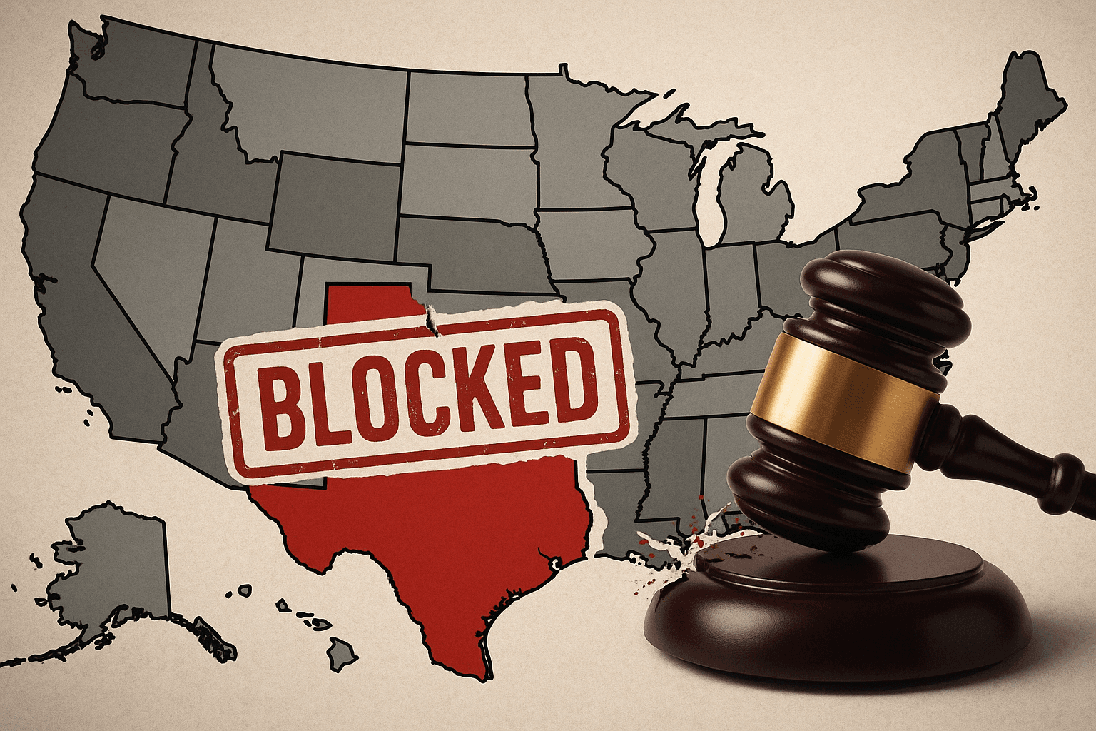 Blocked stamp over a red Texas and a gavel.