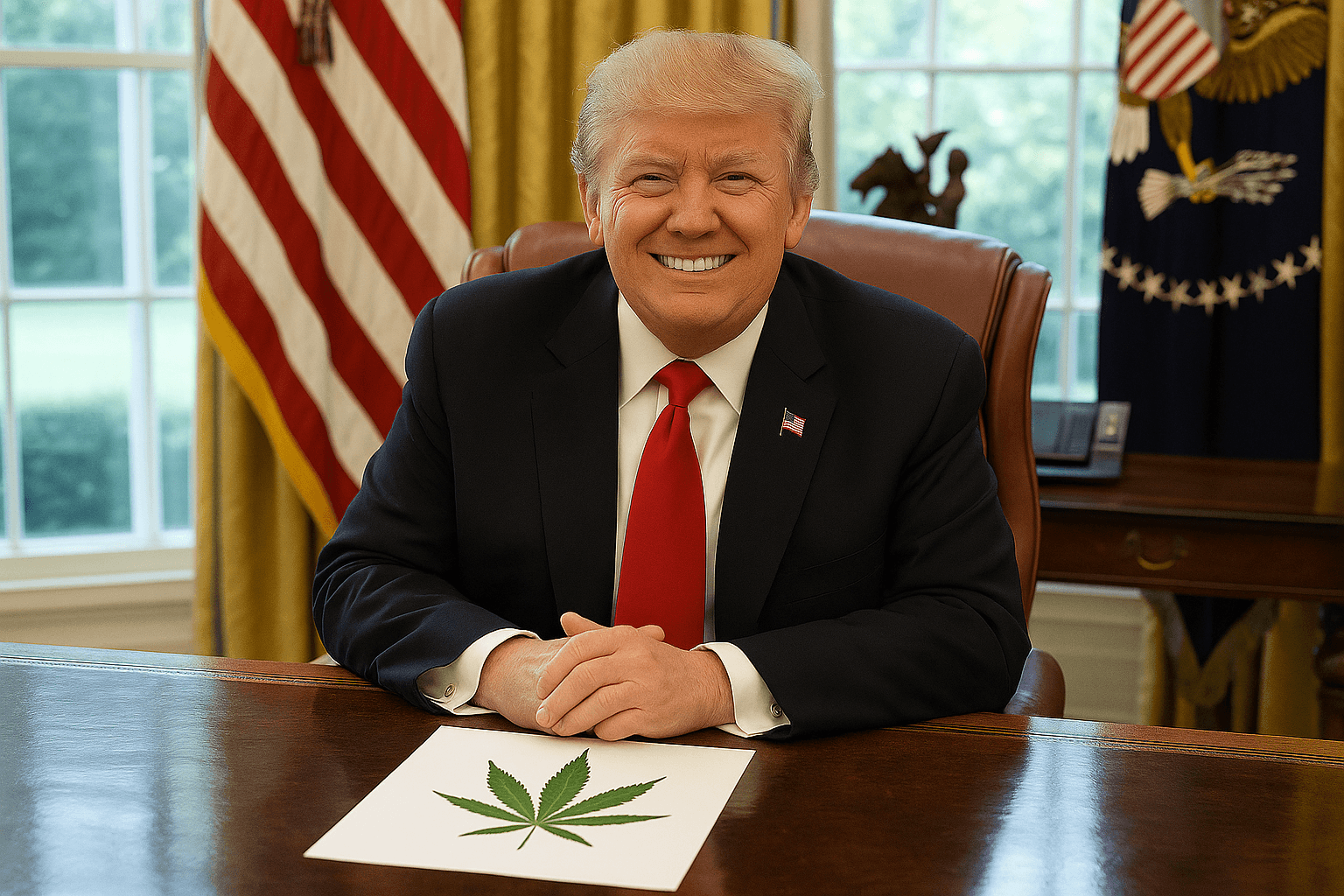 Trump sitting in the oval office with a piece of paper with a cannabis leaf on his desk.